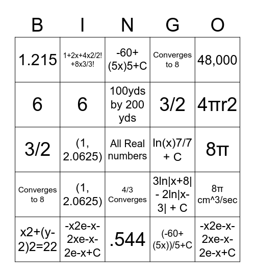 Calculus Bingo! Bingo Card