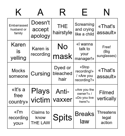 Karen Bingo Card