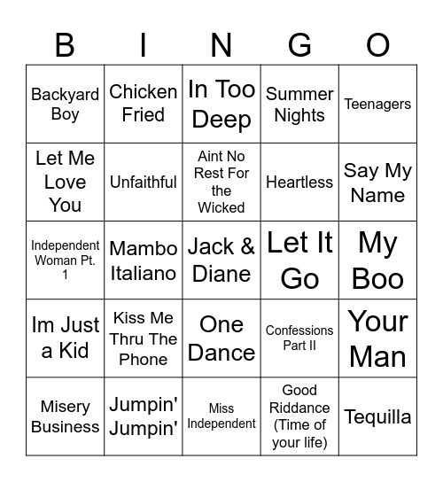 My Favorite Bingo Songs Bingo Card