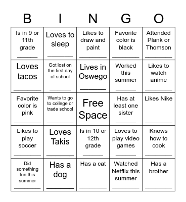 Get To Know You Classmates BINGO Card