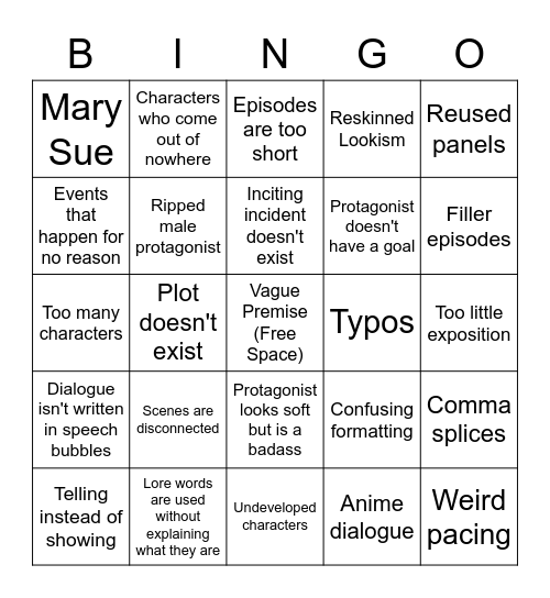 Beginner Webtoon Comic Bingo Card