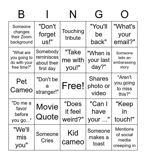 Kelly's last Bingo Card