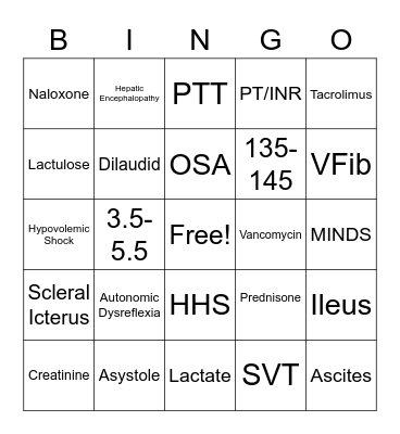 Complex Care Bingo Card