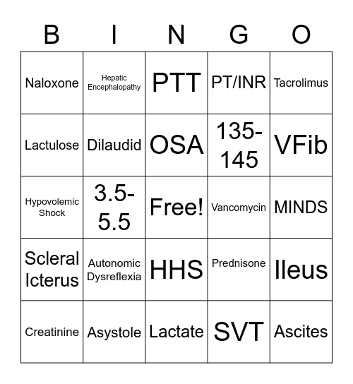 Complex Care Bingo Card