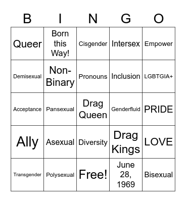 Pride Month Bingo Card