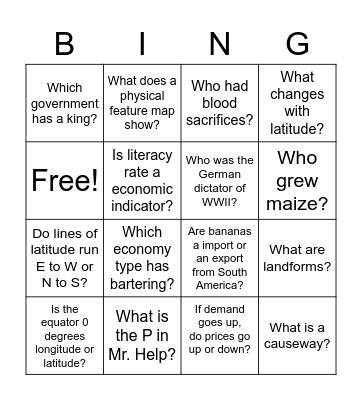 Social Studies Exam Bingo Card