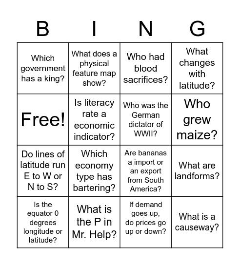 Social Studies Exam Bingo Card