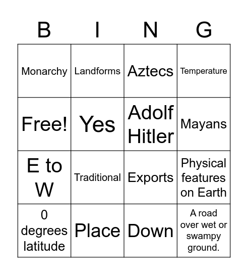 Social Studies Exam Bingo Card