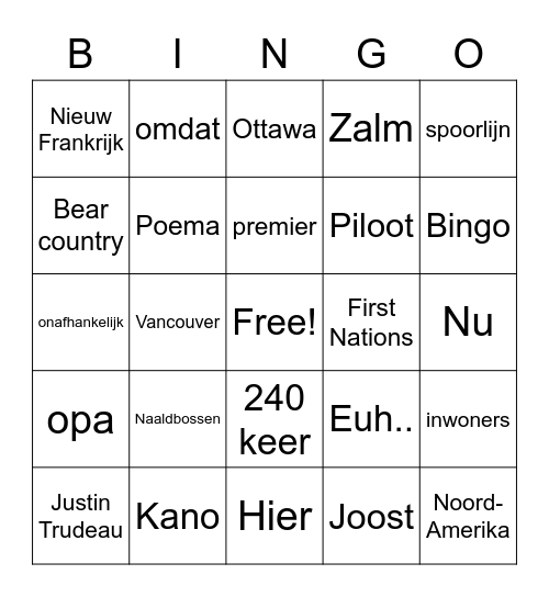 Spreekbeurt Canada Joost Bingo Card