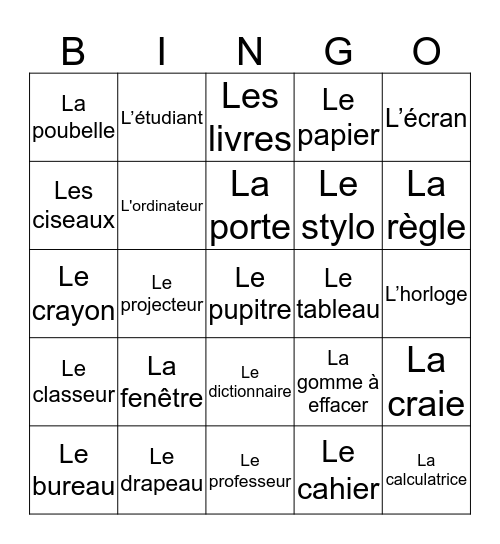 Objets de a salle de classe Bingo Card