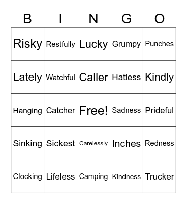 Suffixes Bingo Card