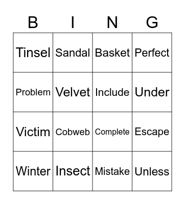 Nontwin Consonant Bingo Card