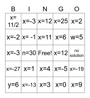 Algebra Bingo Card