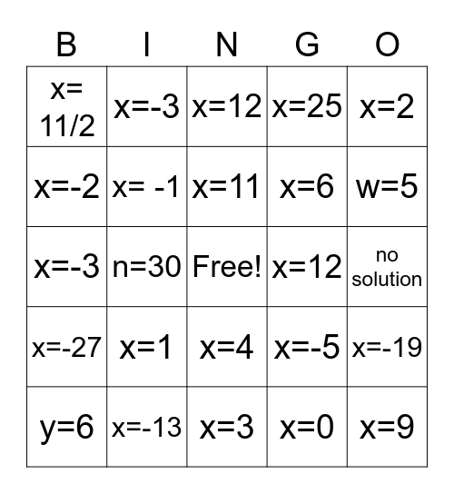 Algebra Bingo Card