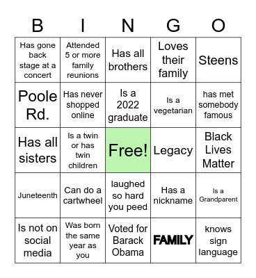 Poole Cannon Shirley Greenlee Family Reunion  BINGO Card