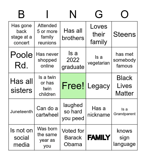 Poole Cannon Shirley Greenlee Family Reunion  BINGO Card