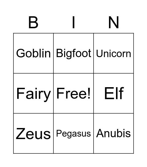 Myths/legend Version 1 Bingo Card