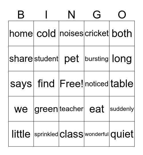 Lesson 5 Word Work  Bingo Card