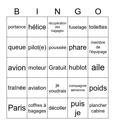 More French Vocabulary Bingo Card