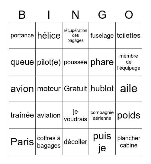 More French Vocabulary Bingo Card