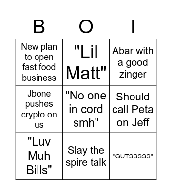 The Bois Bingo Card