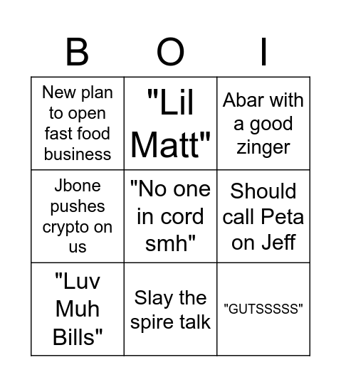 The Bois Bingo Card