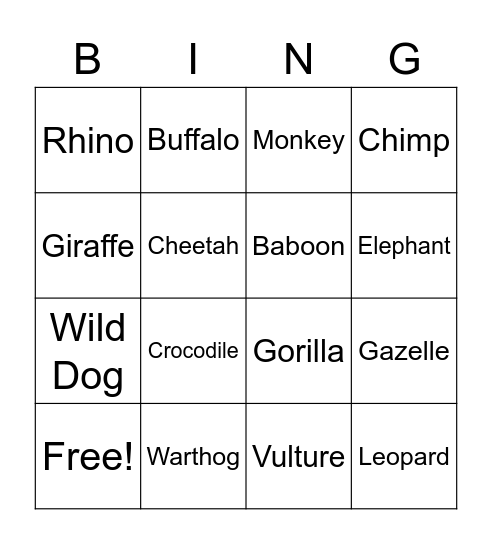 Safari Animals Bingo Card