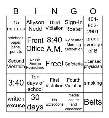 West End Policies and Procedures Bingo Card