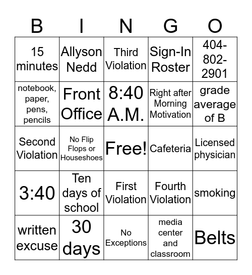 West End Policies and Procedures Bingo Card