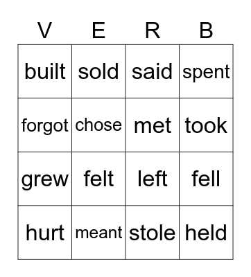 Irregular Verbs Bingo Card