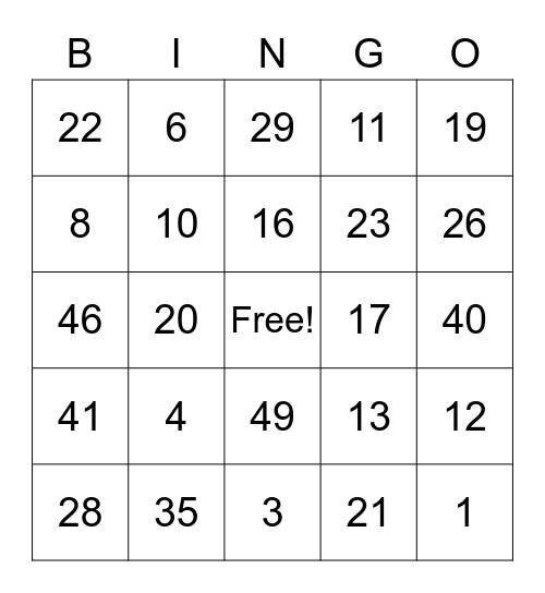 Number Bingo Card
