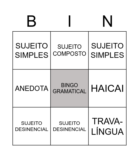 BINGO- PORTUGUÊS Bingo Card