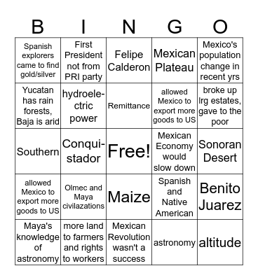 Mexico Bingo Card