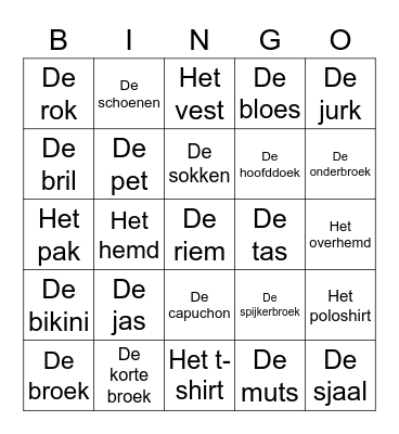 Kleding Bingo Card