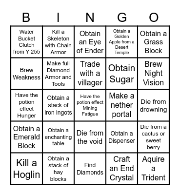 Minecraft Bedrock Lockout Bingo Card