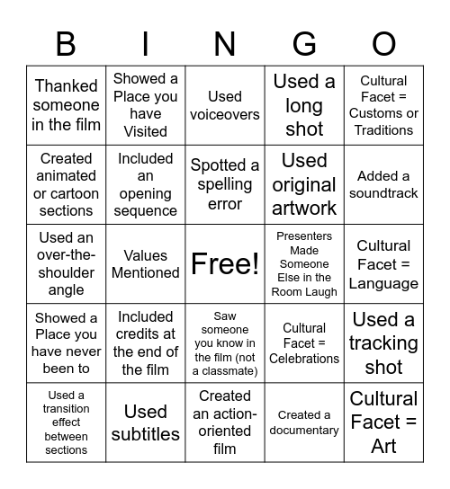 Culture & Lifestyle Bingo Card