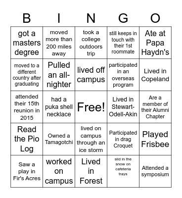20th Reunion Bingo Card