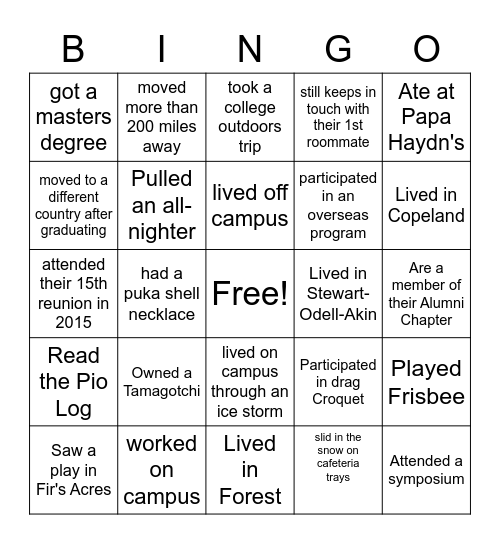 20th Reunion Bingo Card