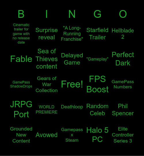 Xbox/Bethesda Conference Bingo Card