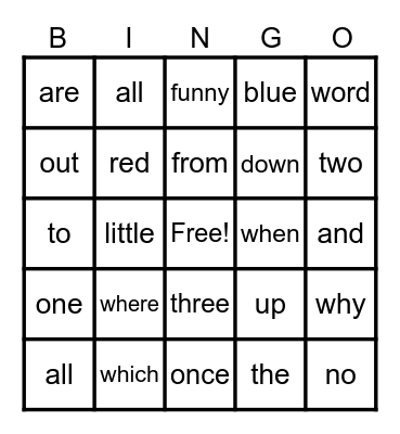 Tricky Word Bingo Card
