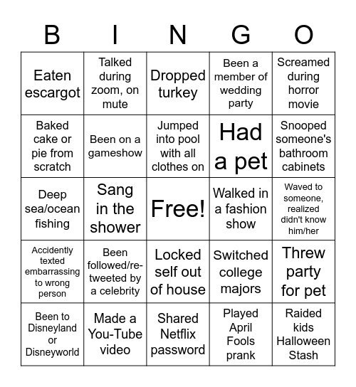 Never Have I Ever... Bingo Card