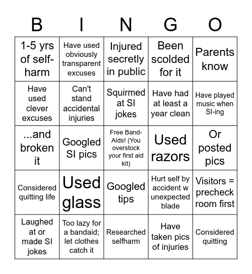 Selfharm Bingo Card