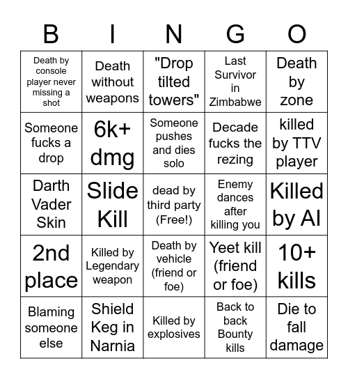 Fortnite Gaming Bingo Card