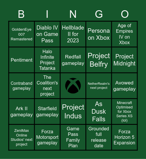 Xbox Bethesda Showcase Bingo Card