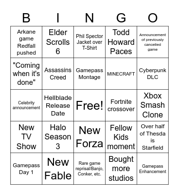 Xboo/Thesda Bingo Card