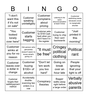 Grocery Store Cashier Bingo Card
