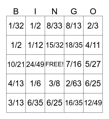 Multiplying fractions Bingo Card