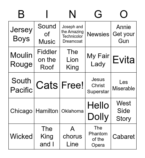 Musicals  Bingo Card