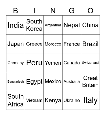 World Flags Bingo Card