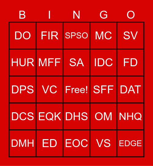 Red Cross Lingo Bingo Card